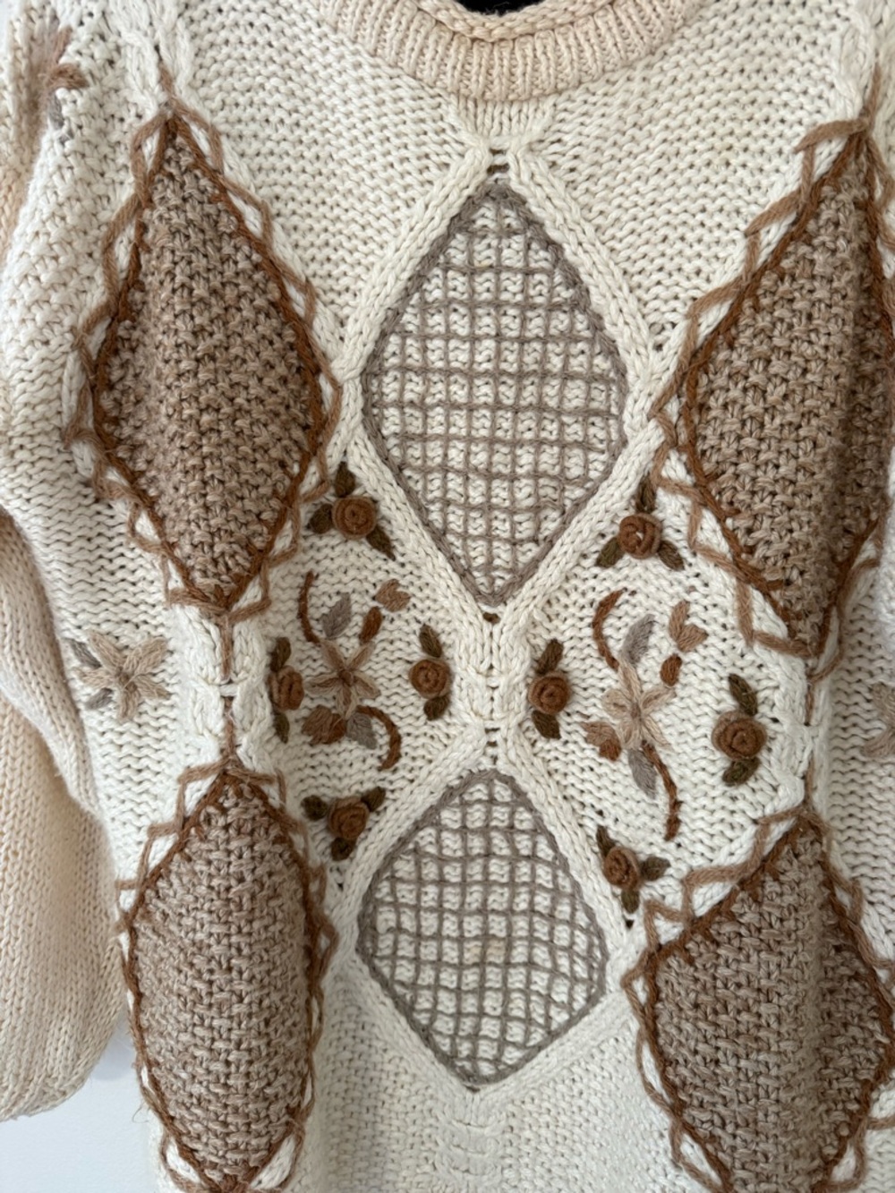 Vintage 90s Sz Lg Cottagecore Grandma Knit Chunky Neutral Sweater Patchwork Tan - Picture 6 of 16